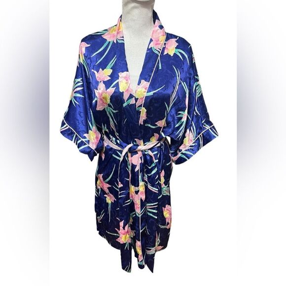 Vintage Christian Dior Lingerie Blue Floral Robe Union Made USA Size Medium - Picture 1 of 6